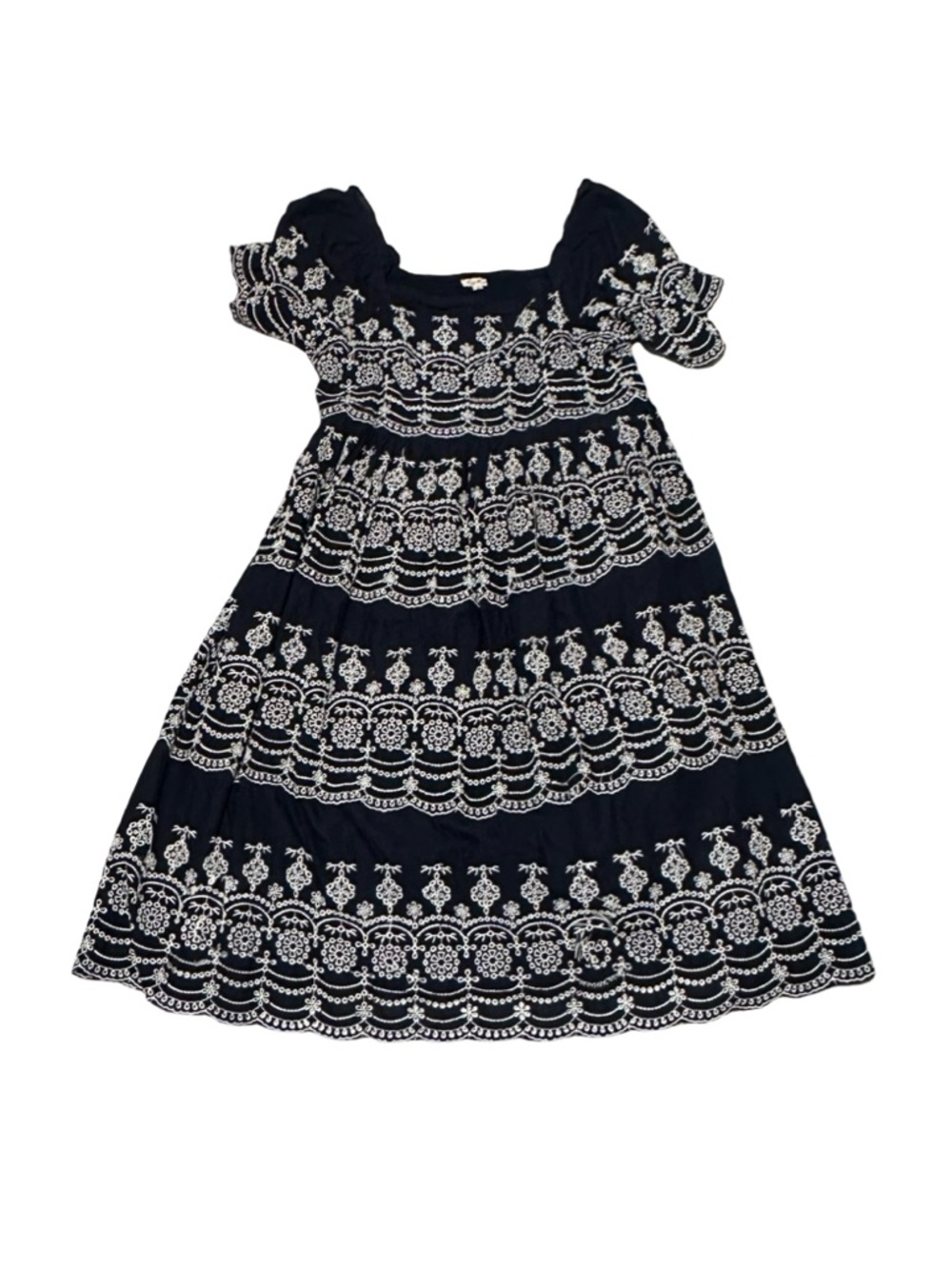 NWOT Kings Road Navy Blue Embroidered Dress White Eyelet Puff Sleeve L